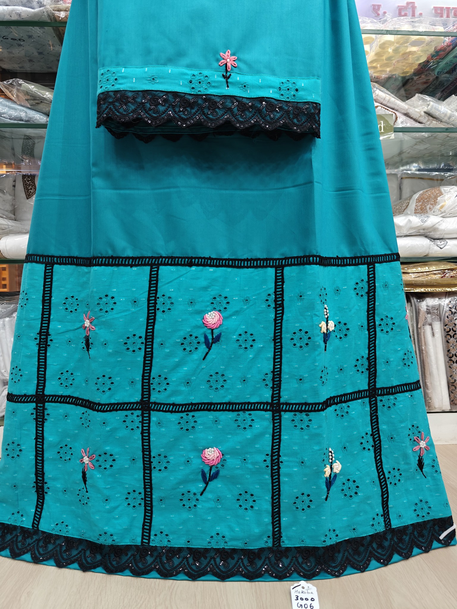  Teal Green Colour Rida with Hand Work on Hakoba Panel 